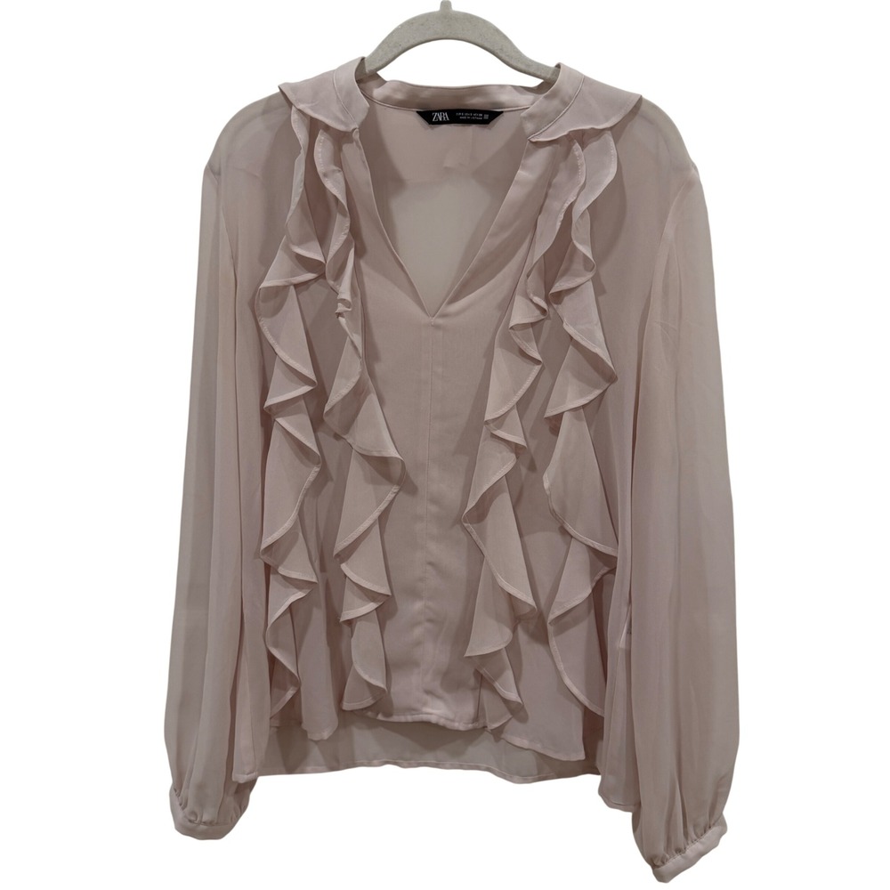 Zara Pink Ruffle Front V-Neck Blouse Long Sleeve Semi-Sheer Top 2157/230/942/S